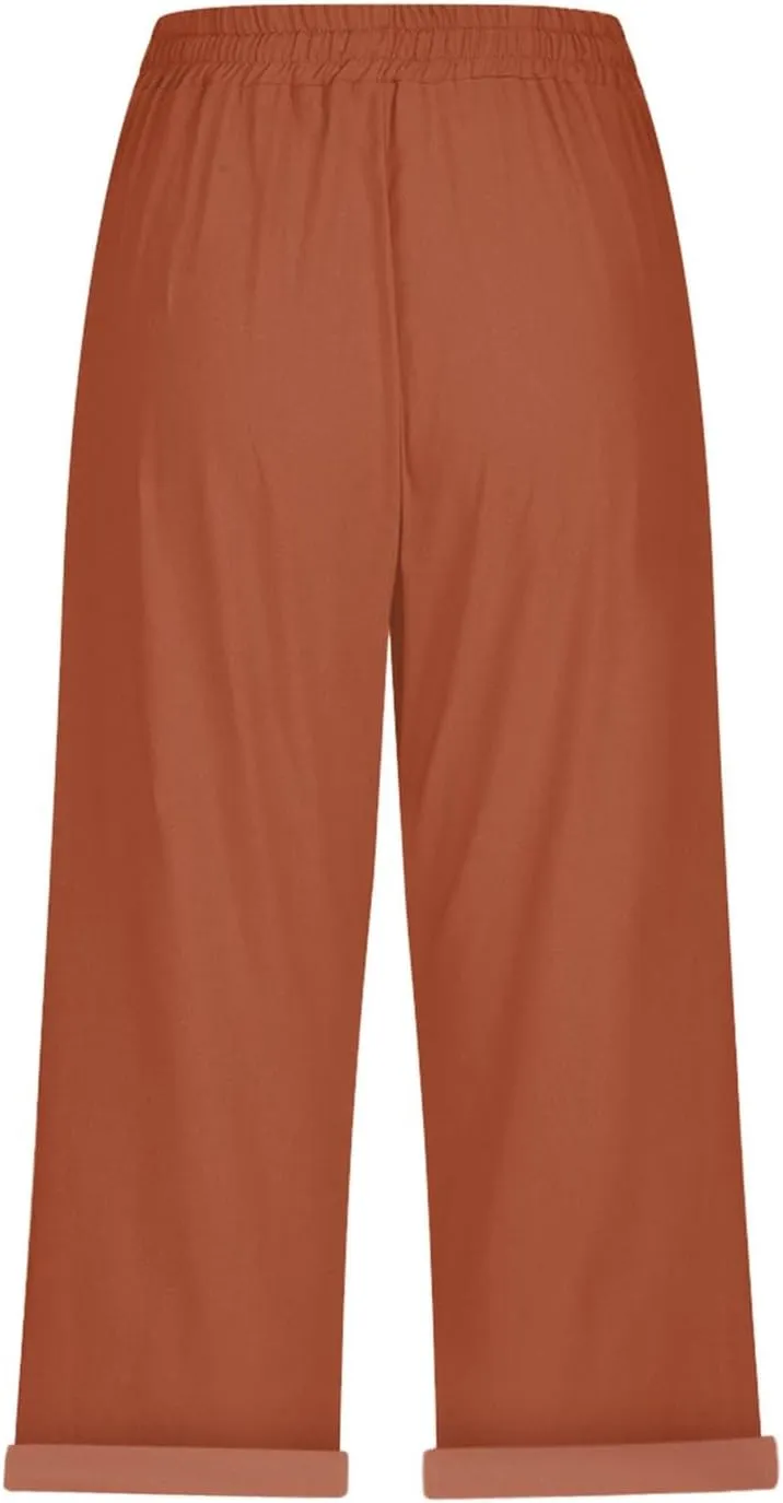 Women Linen Capris Pants Casual 2025 Summer Elastic Waist Linen Pant Straight Wide Leg Cropped Trouser