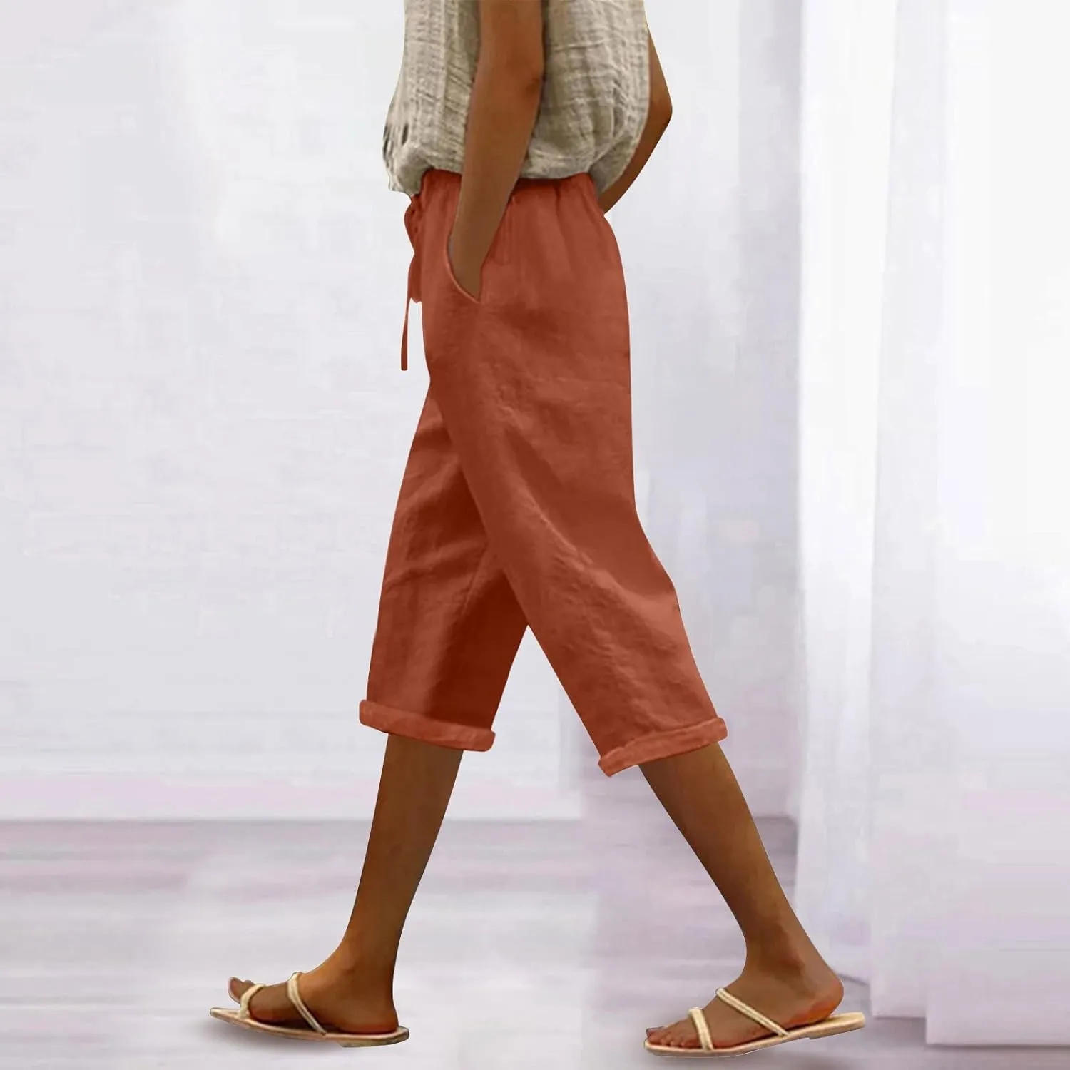 Women Linen Capris Pants Casual 2025 Summer Elastic Waist Linen Pant Straight Wide Leg Cropped Trouser