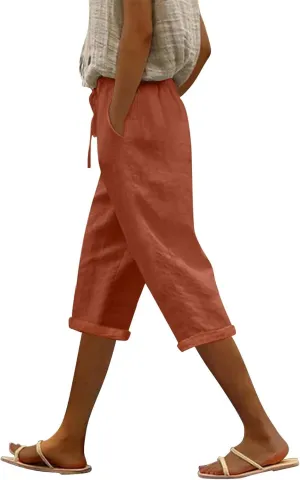 Women Linen Capris Pants Casual 2025 Summer Elastic Waist Linen Pant Straight Wide Leg Cropped Trouser