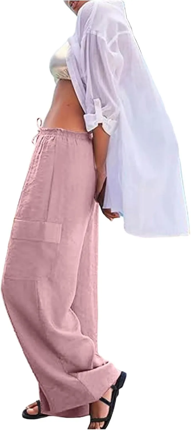 Women Linen Cargo Pants Summer Casual High Waisted Wide Leg Pants Flowy Beach Trousers with Pockets Vacation Outfits