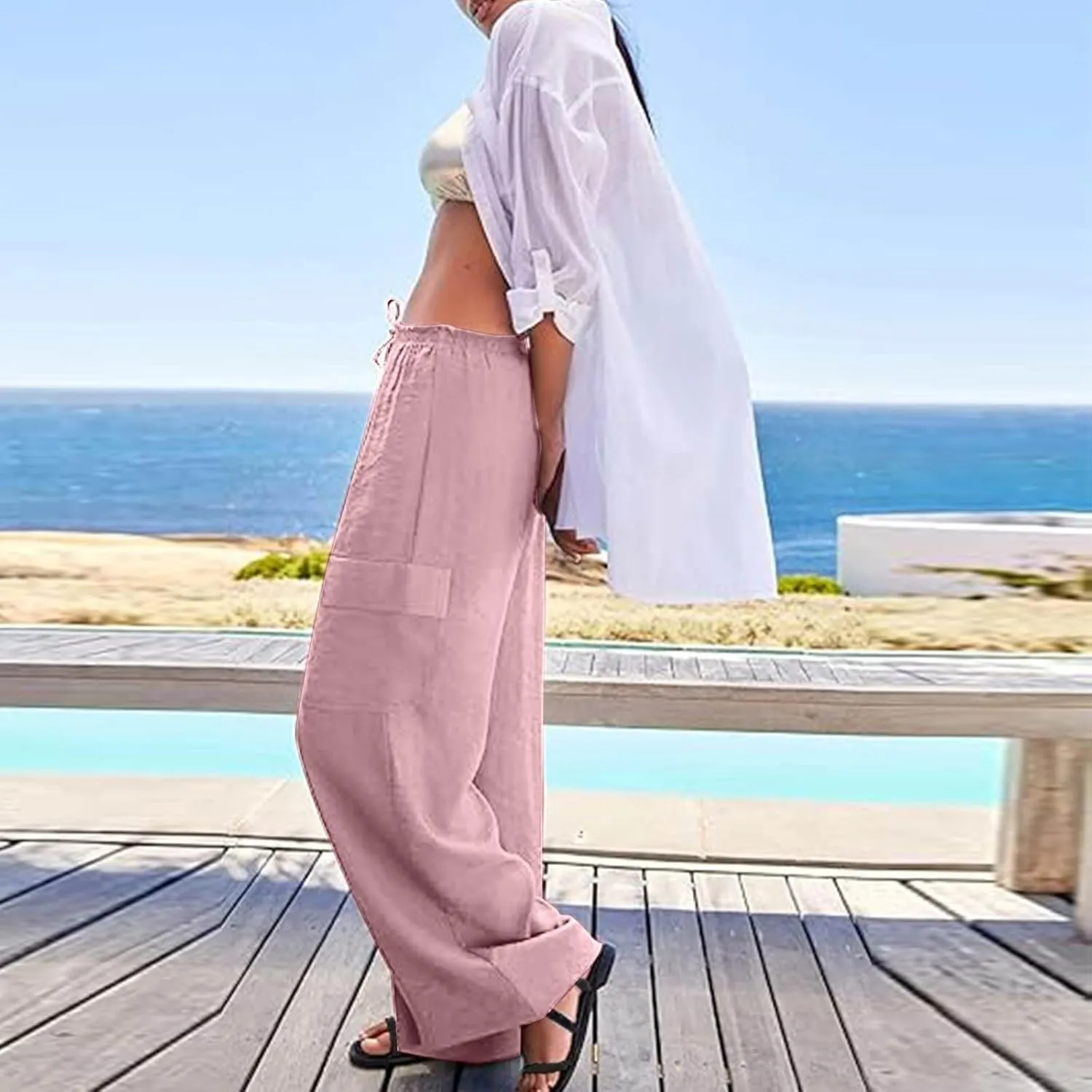 Women Linen Cargo Pants Summer Casual High Waisted Wide Leg Pants Flowy Beach Trousers with Pockets Vacation Outfits