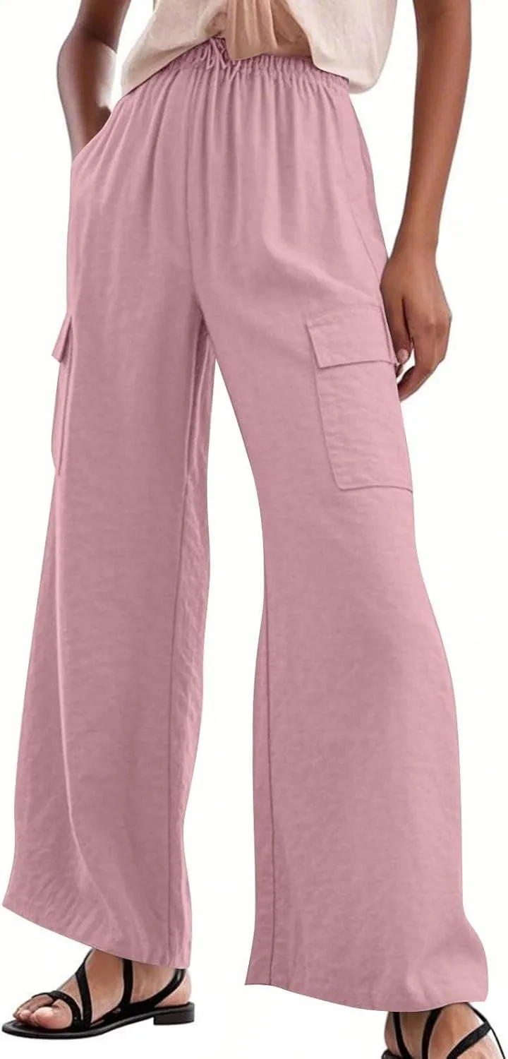 Women Linen Cargo Pants Summer Casual High Waisted Wide Leg Pants Flowy Beach Trousers with Pockets Vacation Outfits