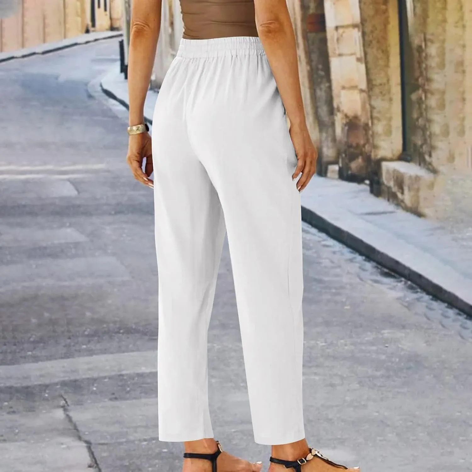 Women Linen Cropped Pants High Waist Comfy Straight Leg Capris Pant Casua Lightweight Loose Ankle Length Work Trousers