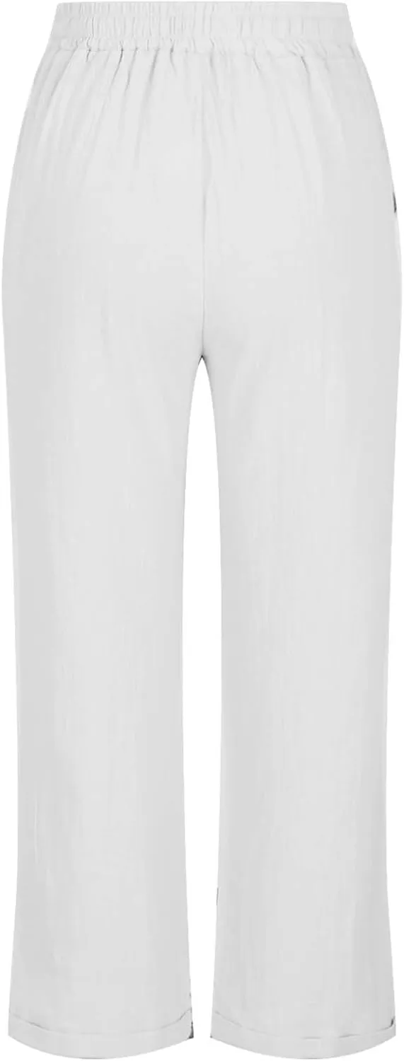 Women Linen Cropped Pants High Waist Comfy Straight Leg Capris Pant Casua Lightweight Loose Ankle Length Work Trousers
