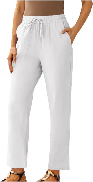 Women Linen Cropped Pants High Waist Comfy Straight Leg Capris Pant Casua Lightweight Loose Ankle Length Work Trousers