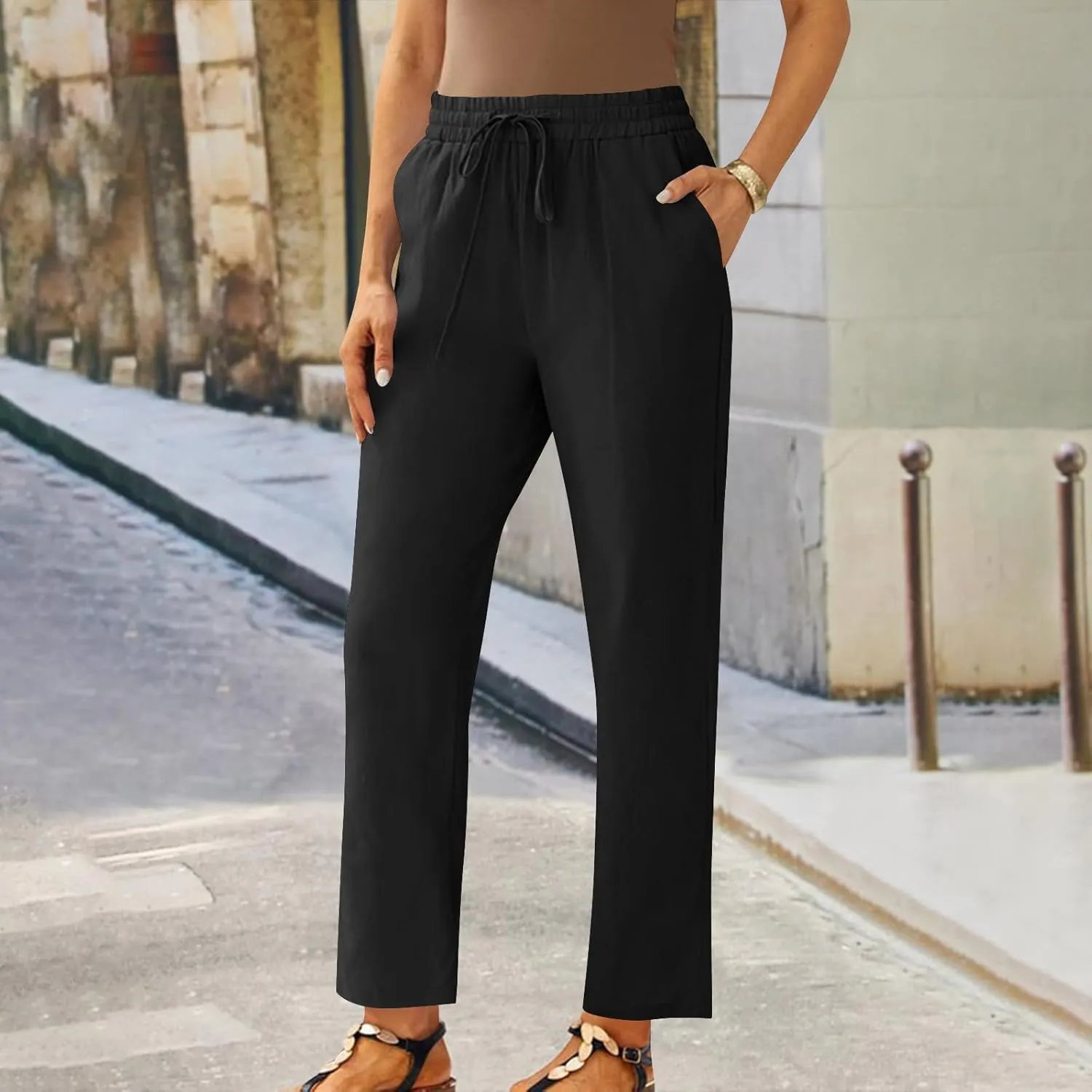 Women Linen Cropped Pants High Waist Comfy Straight Leg Capris Pant Casua Lightweight Loose Ankle Length Work Trousers