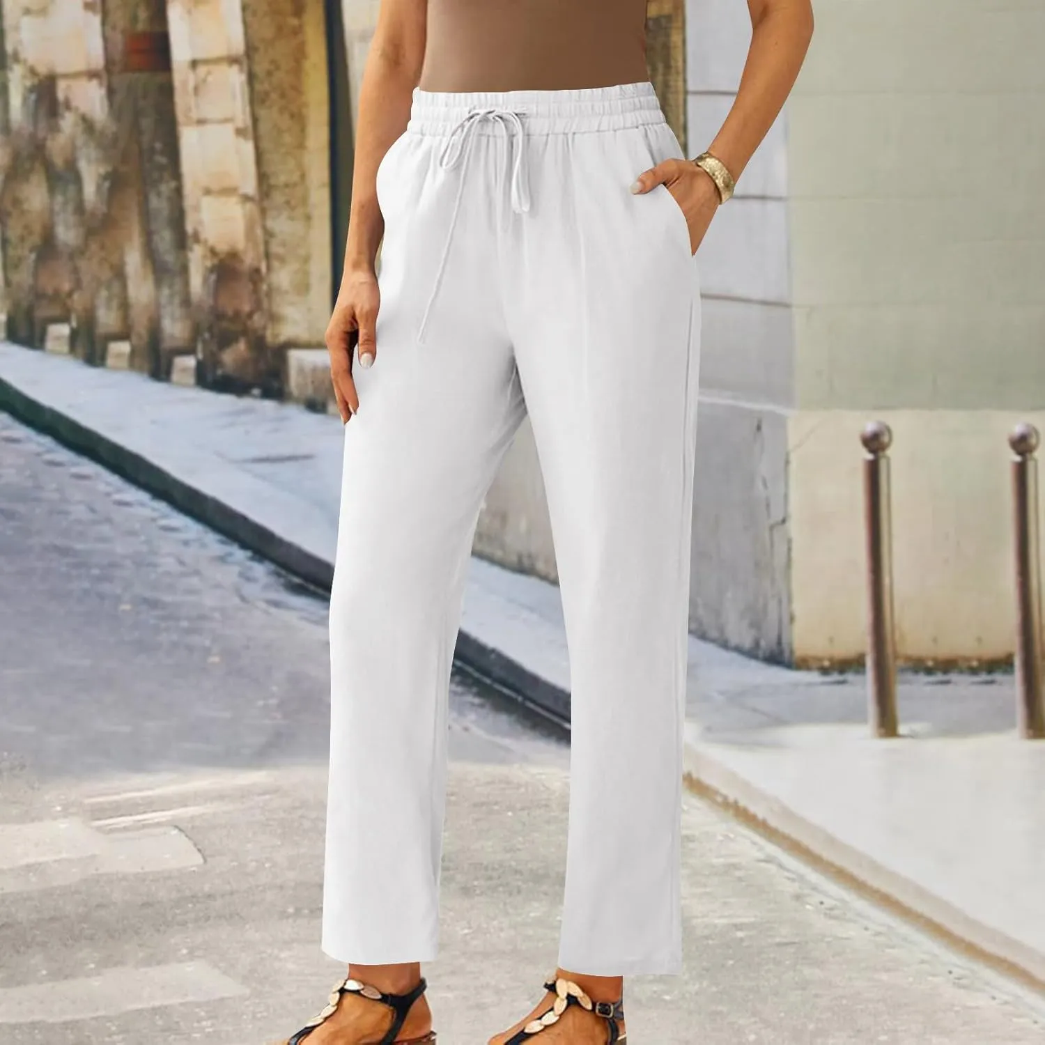 Women Linen Cropped Pants High Waist Comfy Straight Leg Capris Pant Casua Lightweight Loose Ankle Length Work Trousers