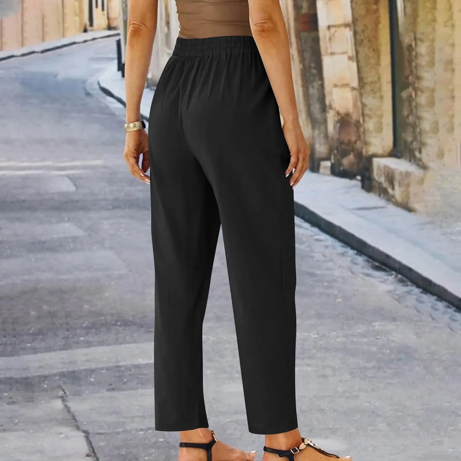 Women Linen Cropped Pants High Waist Comfy Straight Leg Capris Pant Casua Lightweight Loose Ankle Length Work Trousers