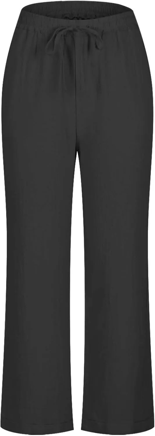Women Linen Cropped Pants High Waist Comfy Straight Leg Capris Pant Casua Lightweight Loose Ankle Length Work Trousers