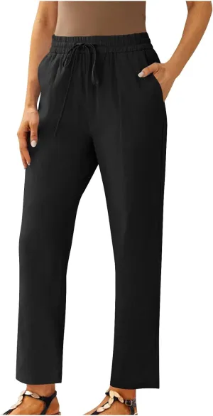 Women Linen Cropped Pants High Waist Comfy Straight Leg Capris Pant Casua Lightweight Loose Ankle Length Work Trousers