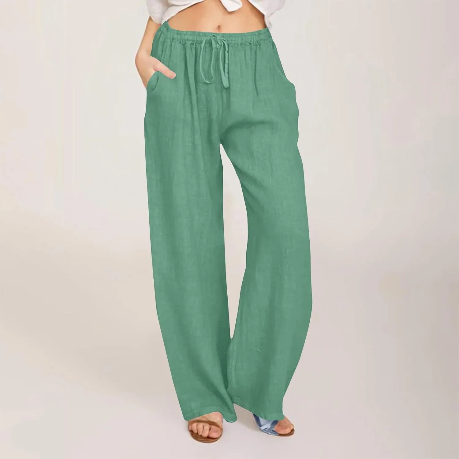 Women Linen Palazzo Pants 2025 Summer High Waisted Wide Leg Lounge Pant Drawstrings Beach Travel Trousers with Pocket