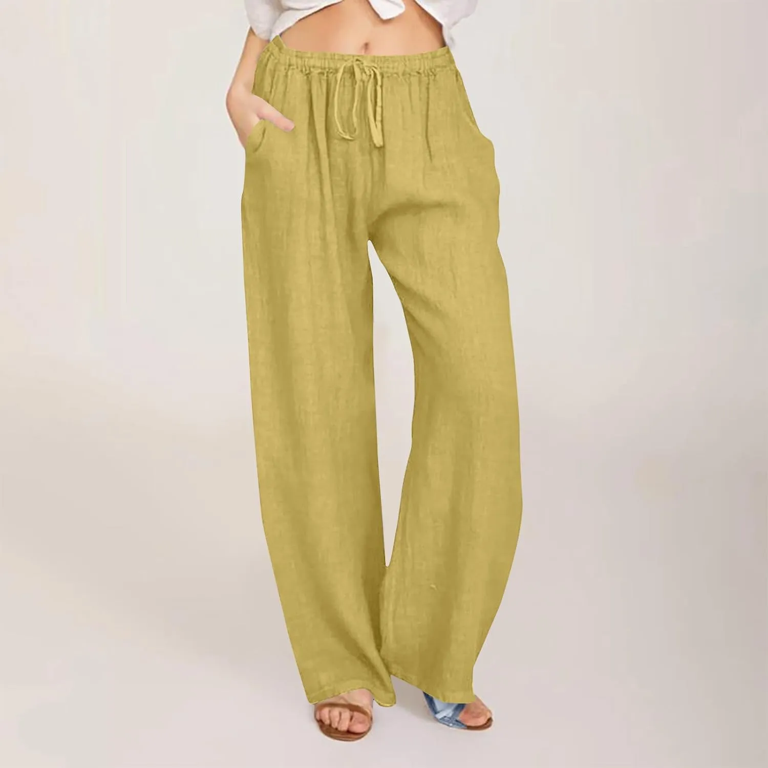 Women Linen Palazzo Pants 2025 Summer High Waisted Wide Leg Lounge Pant Drawstrings Beach Travel Trousers with Pocket