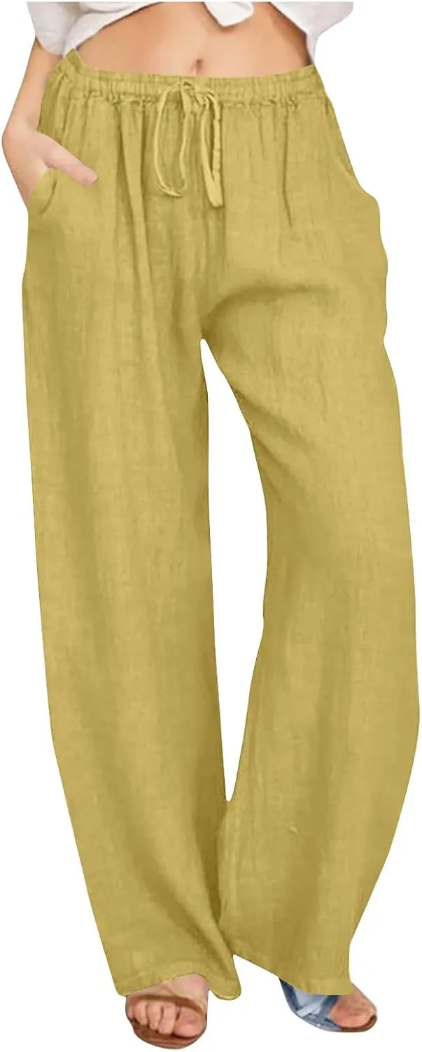 Women Linen Palazzo Pants 2025 Summer High Waisted Wide Leg Lounge Pant Drawstrings Beach Travel Trousers with Pocket