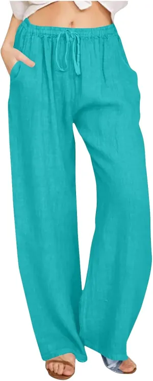 Women Linen Palazzo Pants 2025 Summer High Waisted Wide Leg Lounge Pant Drawstrings Beach Travel Trousers with Pocket