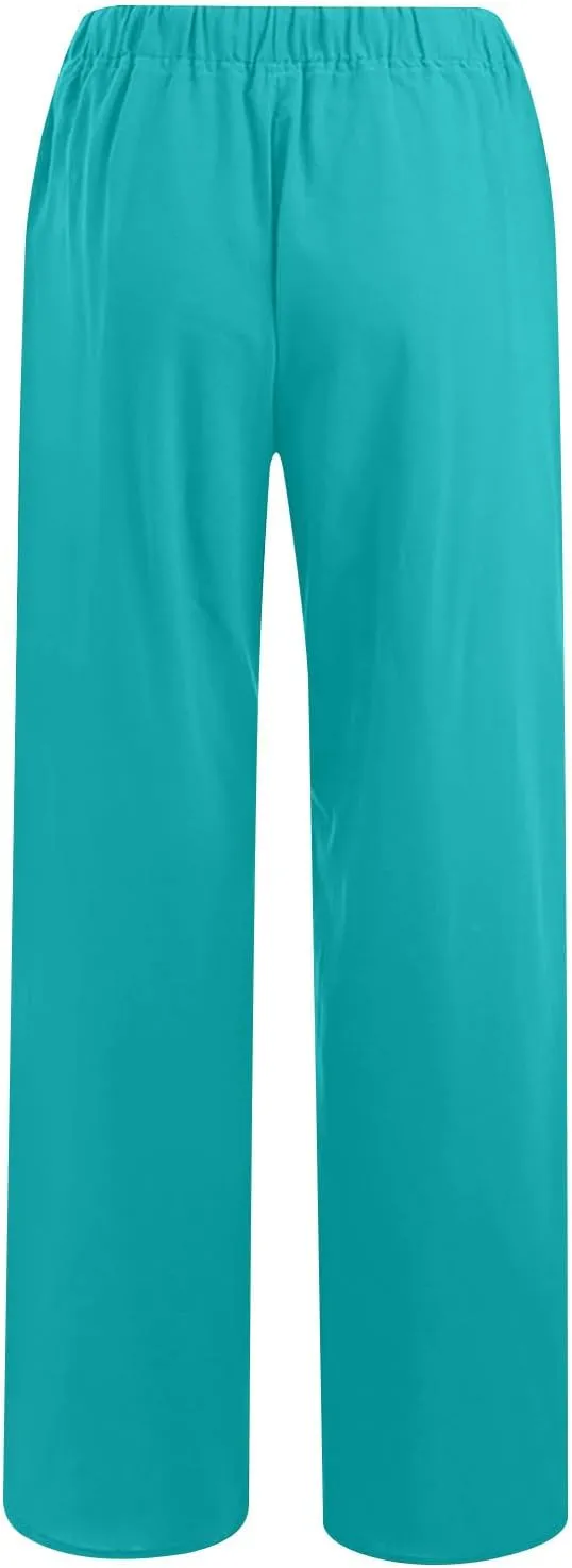 Women Linen Palazzo Pants 2025 Summer High Waisted Wide Leg Lounge Pant Drawstrings Beach Travel Trousers with Pocket