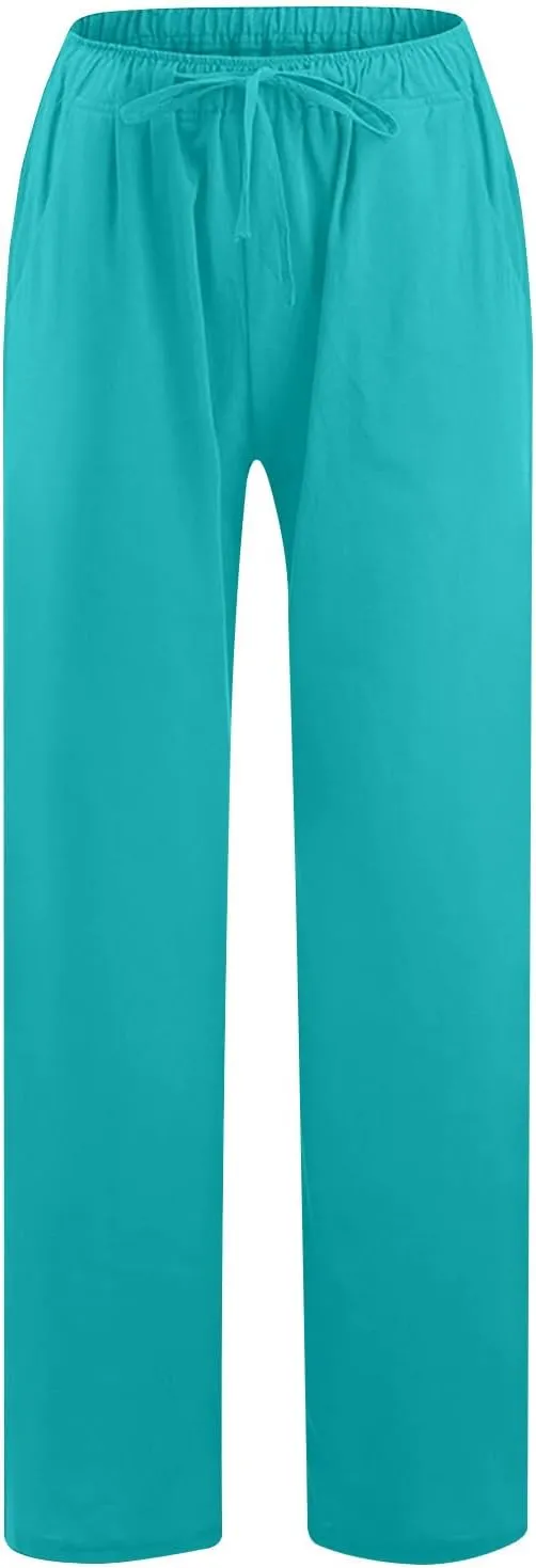 Women Linen Palazzo Pants 2025 Summer High Waisted Wide Leg Lounge Pant Drawstrings Beach Travel Trousers with Pocket