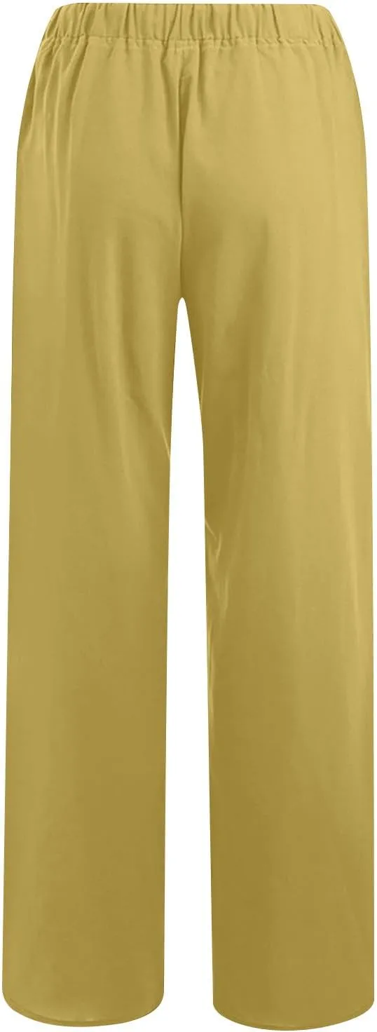 Women Linen Palazzo Pants 2025 Summer High Waisted Wide Leg Lounge Pant Drawstrings Beach Travel Trousers with Pocket