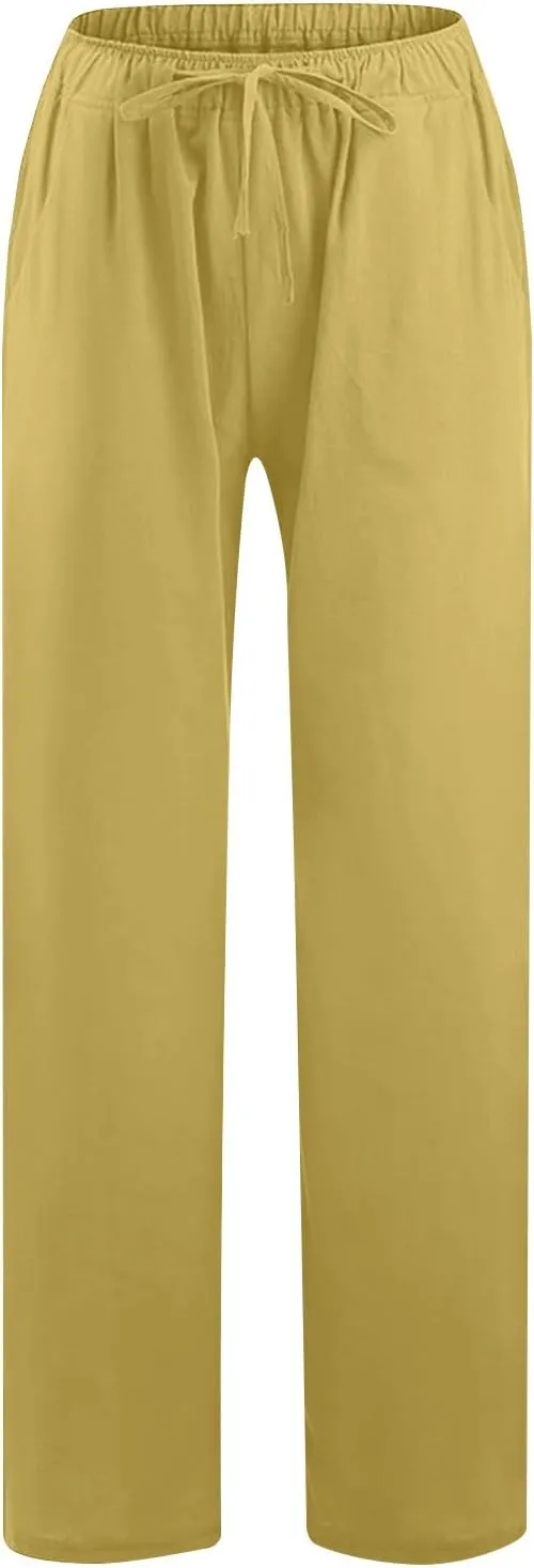 Women Linen Palazzo Pants 2025 Summer High Waisted Wide Leg Lounge Pant Drawstrings Beach Travel Trousers with Pocket