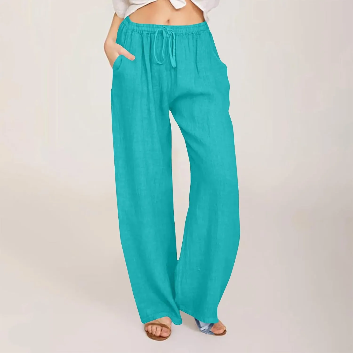 Women Linen Palazzo Pants 2025 Summer High Waisted Wide Leg Lounge Pant Drawstrings Beach Travel Trousers with Pocket