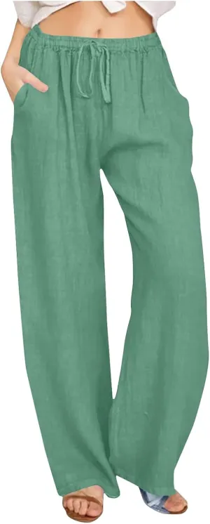 Women Linen Palazzo Pants 2025 Summer High Waisted Wide Leg Lounge Pant Drawstrings Beach Travel Trousers with Pocket