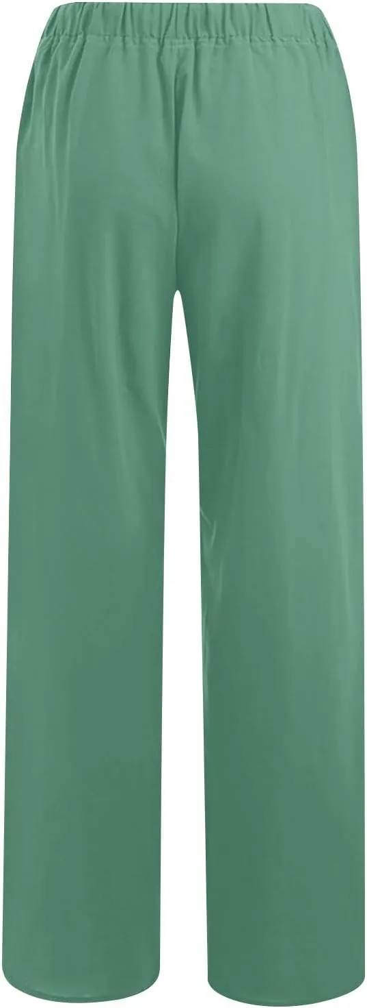 Women Linen Palazzo Pants 2025 Summer High Waisted Wide Leg Lounge Pant Drawstrings Beach Travel Trousers with Pocket