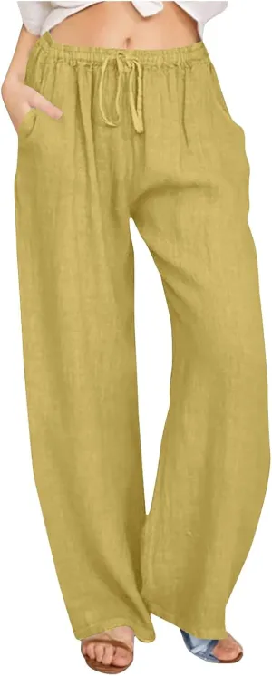Women Linen Palazzo Pants 2025 Summer High Waisted Wide Leg Lounge Pant Drawstrings Beach Travel Trousers with Pocket