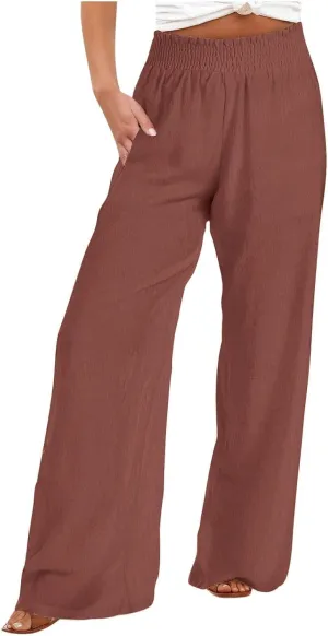 Women Linen Palazzo Pants Wide Leg High Waist Pants Summer Comfy Lounge Pant Drawstring Boho Trousers 2025