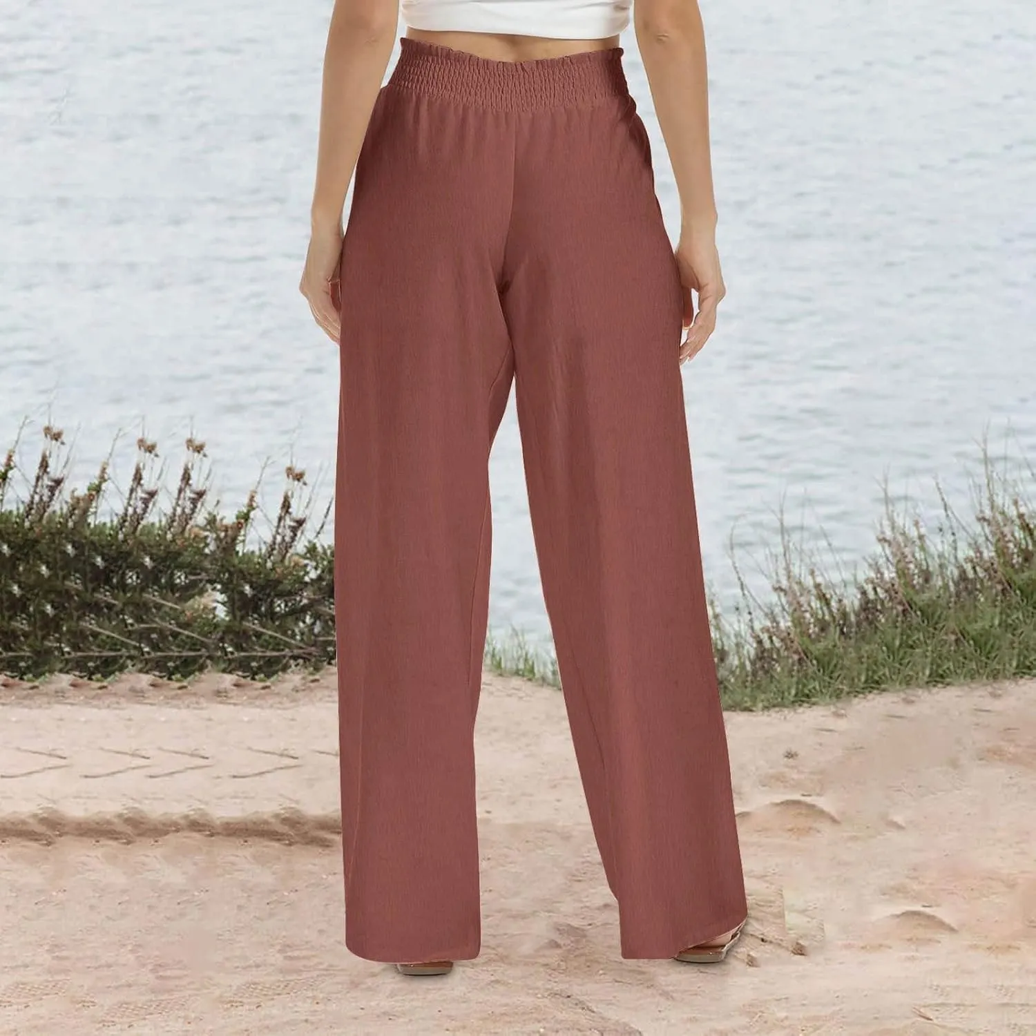 Women Linen Palazzo Pants Wide Leg High Waist Pants Summer Comfy Lounge Pant Drawstring Boho Trousers 2025