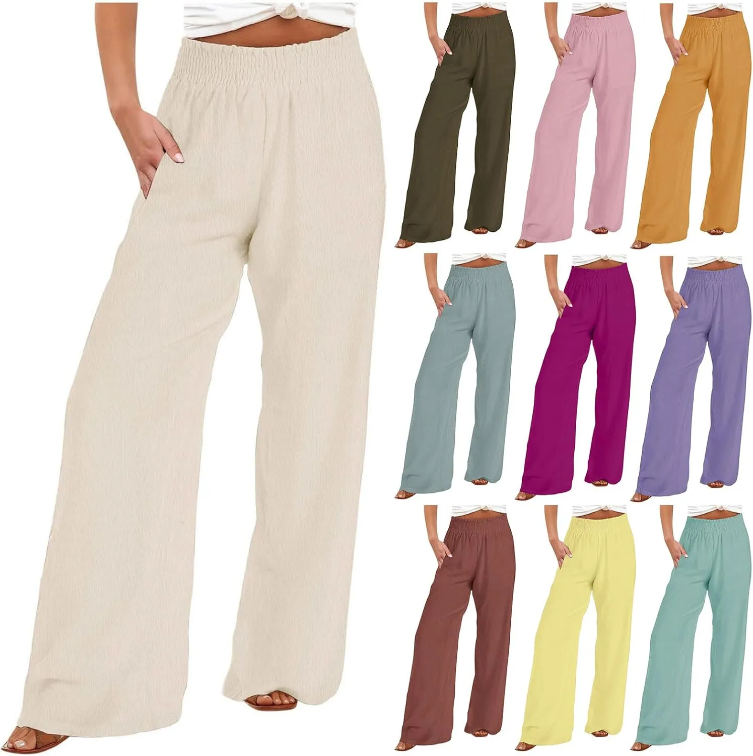 Women Linen Palazzo Pants Wide Leg High Waist Pants Summer Comfy Lounge Pant Drawstring Boho Trousers 2025
