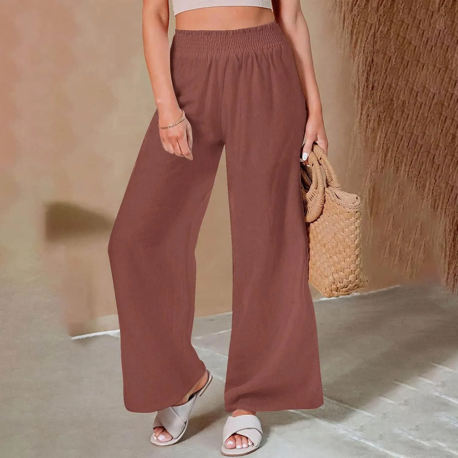 Women Linen Palazzo Pants Wide Leg High Waist Pants Summer Comfy Lounge Pant Drawstring Boho Trousers 2025