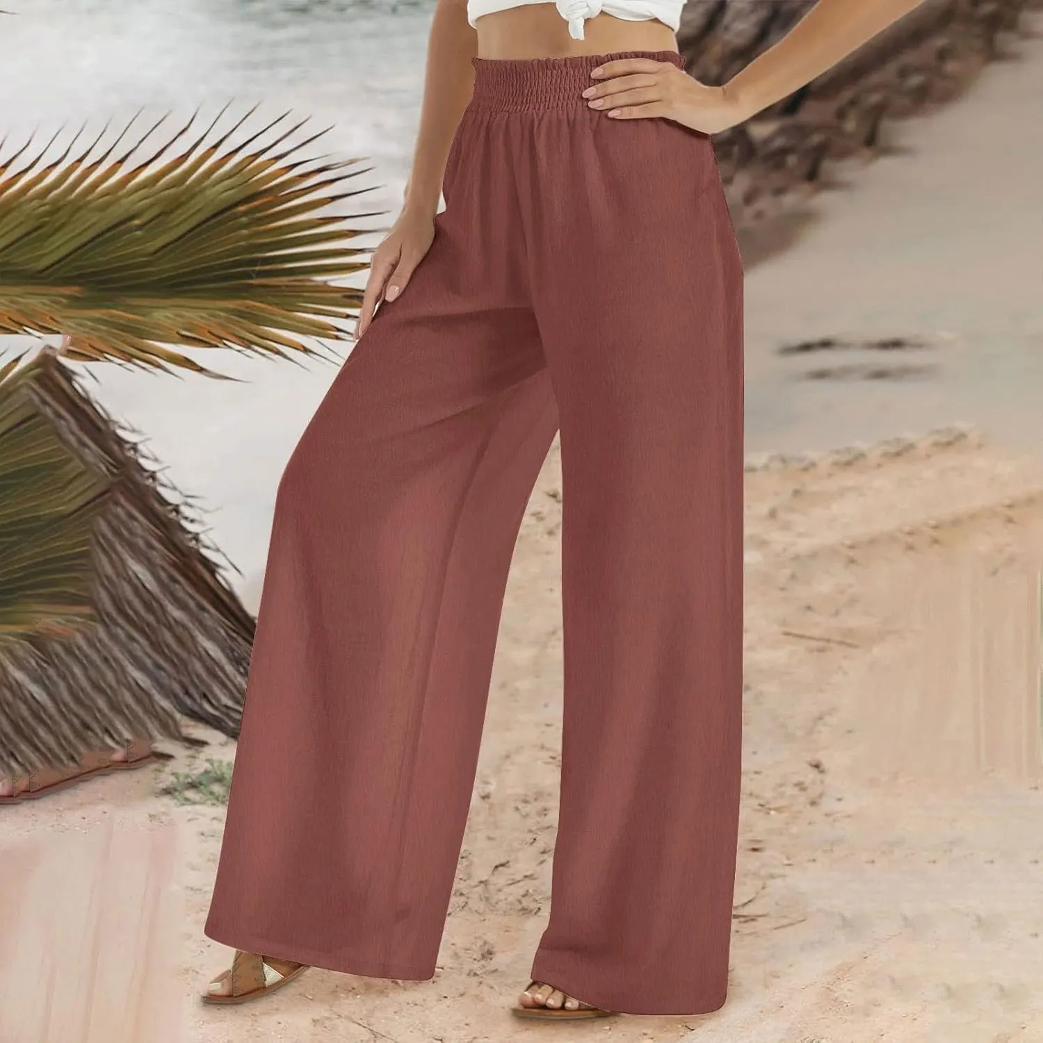 Women Linen Palazzo Pants Wide Leg High Waist Pants Summer Comfy Lounge Pant Drawstring Boho Trousers 2025