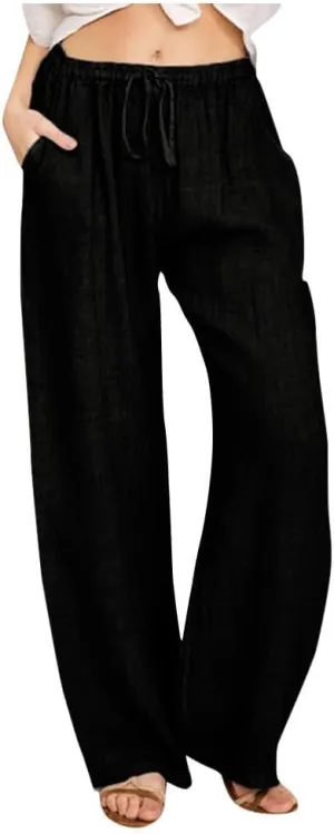 Women Linen Palazzo Pants with Pockets Plus Size Drawstring Summer Bottoms Wide Leg Casual Flowy Beach Trousers