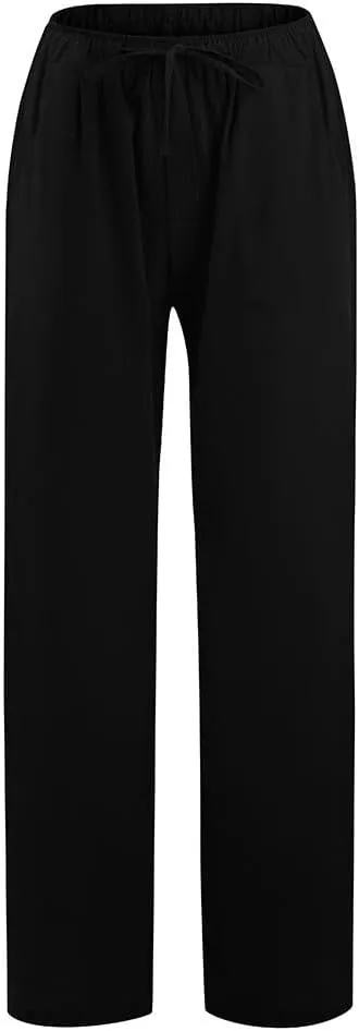 Women Linen Palazzo Pants with Pockets Plus Size Drawstring Summer Bottoms Wide Leg Casual Flowy Beach Trousers
