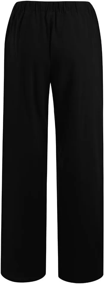Women Linen Palazzo Pants with Pockets Plus Size Drawstring Summer Bottoms Wide Leg Casual Flowy Beach Trousers