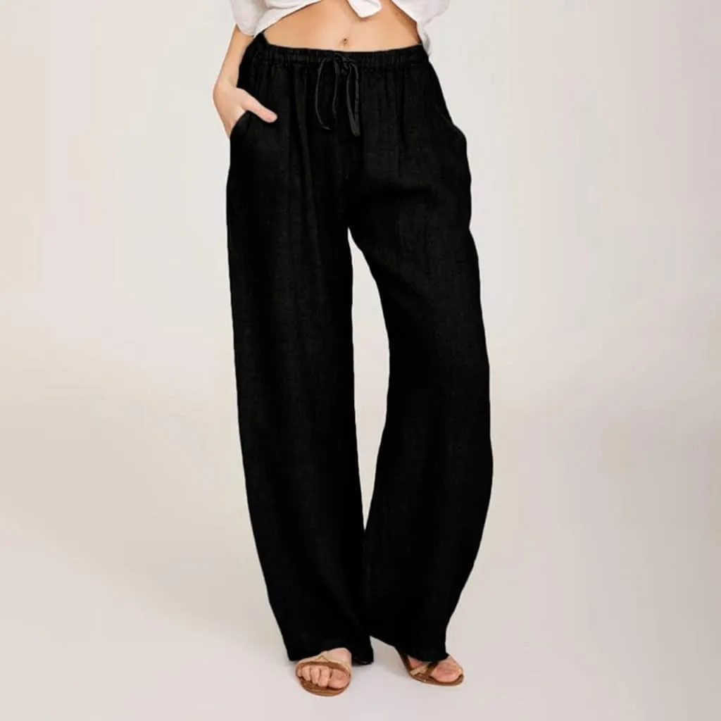 Women Linen Palazzo Pants with Pockets Plus Size Drawstring Summer Bottoms Wide Leg Casual Flowy Beach Trousers