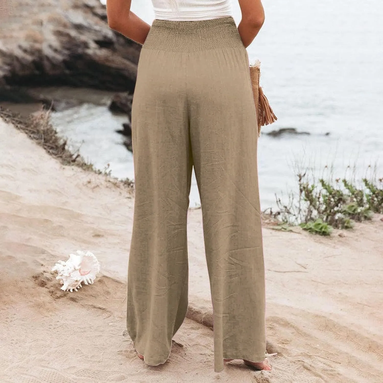 Women Linen Palazzo Summer Wide Leg High Waisted Casual Pants Beach Travel Vacation Plus Size Trousers with Pockets