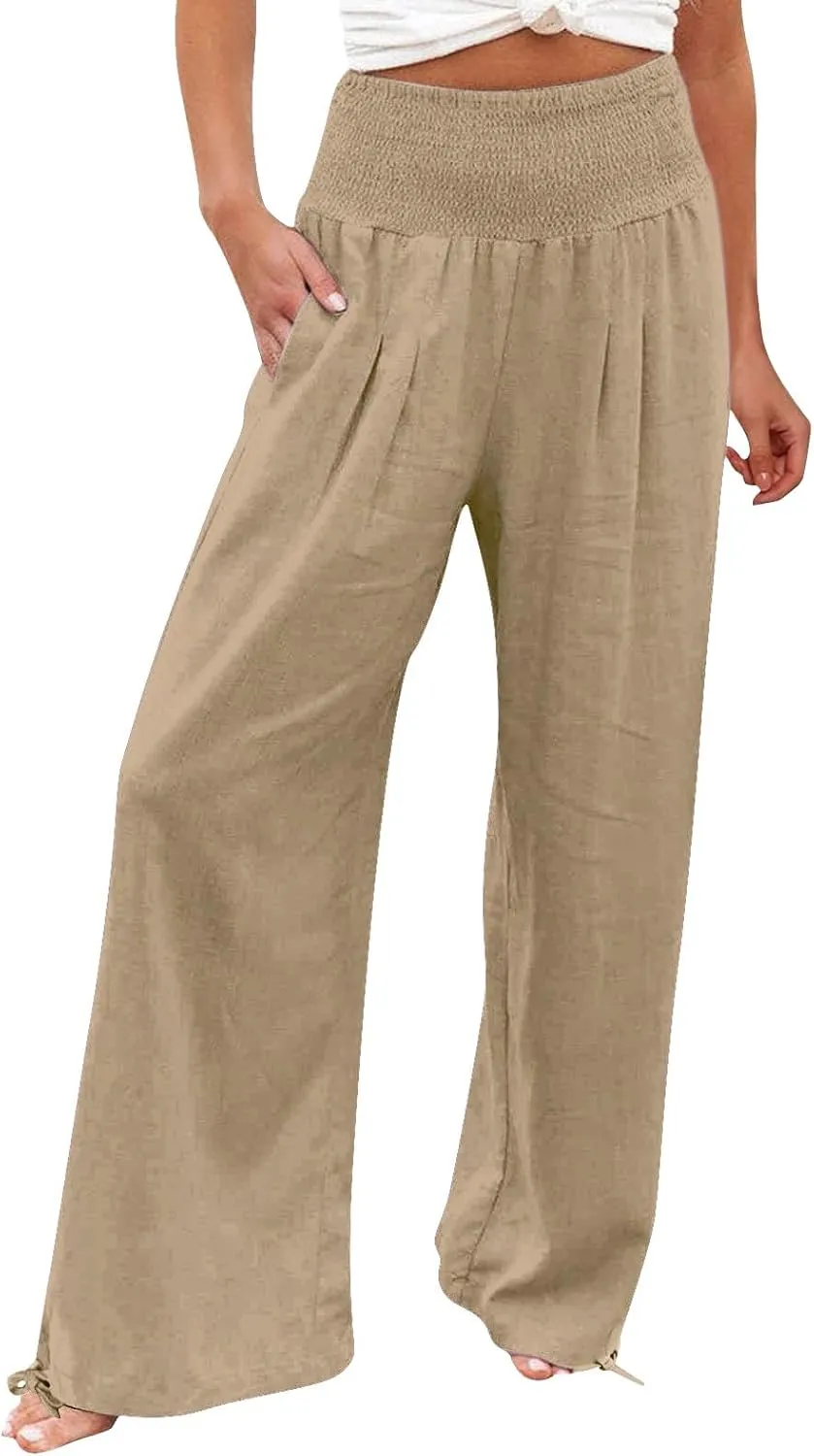 Women Linen Palazzo Summer Wide Leg High Waisted Casual Pants Beach Travel Vacation Plus Size Trousers with Pockets