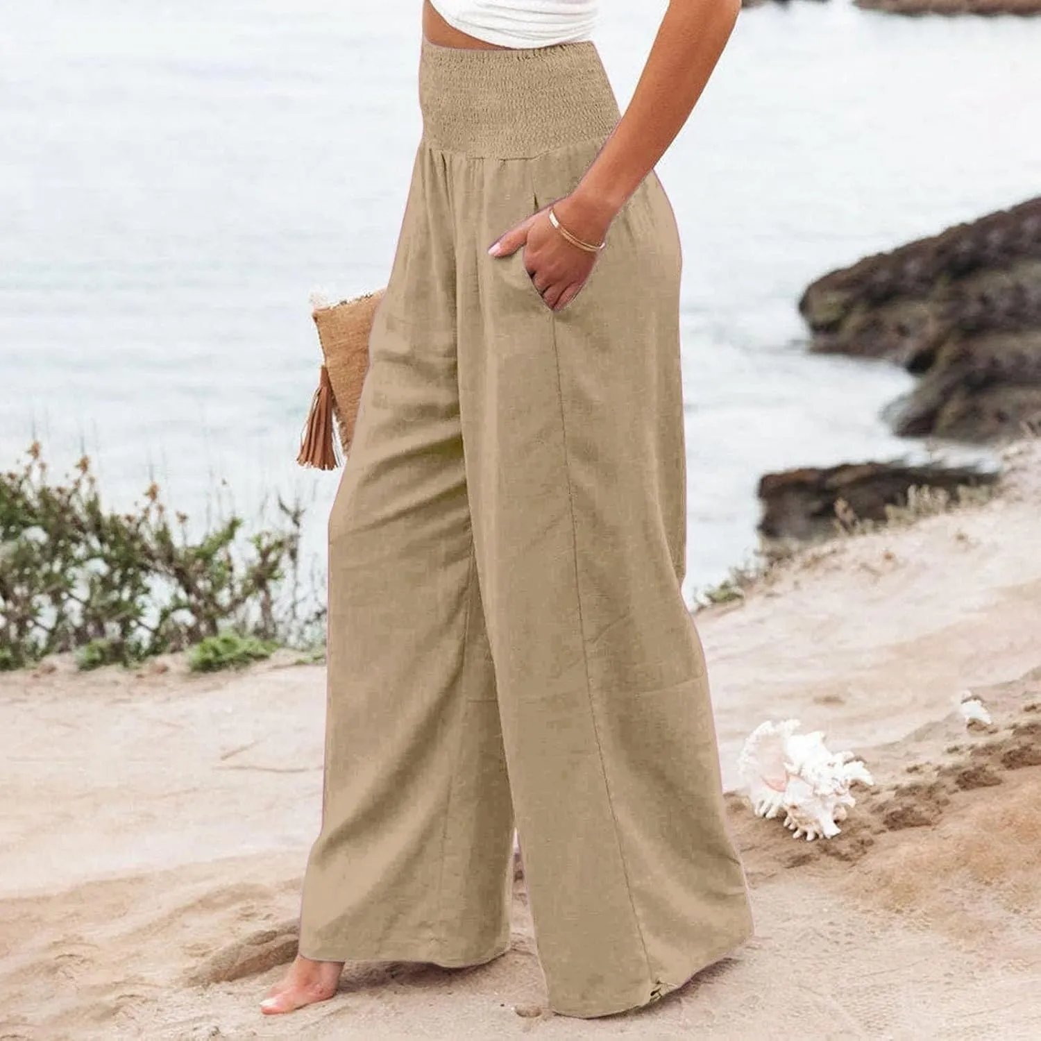 Women Linen Palazzo Summer Wide Leg High Waisted Casual Pants Beach Travel Vacation Plus Size Trousers with Pockets