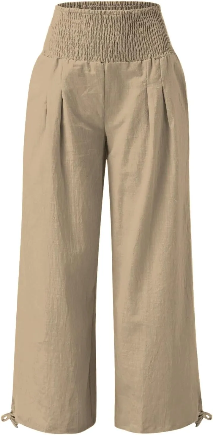 Women Linen Palazzo Summer Wide Leg High Waisted Casual Pants Beach Travel Vacation Plus Size Trousers with Pockets