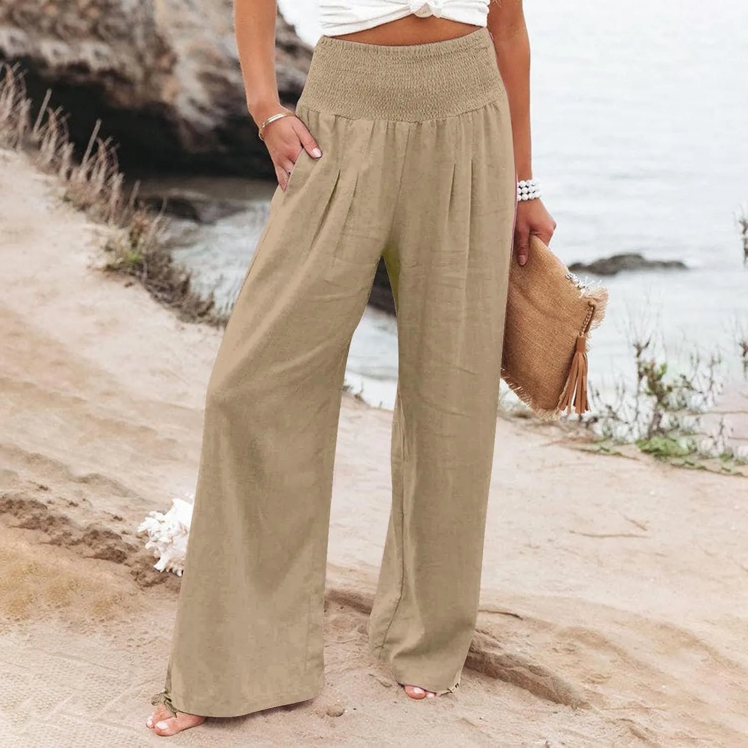 Women Linen Palazzo Summer Wide Leg High Waisted Casual Pants Beach Travel Vacation Plus Size Trousers with Pockets