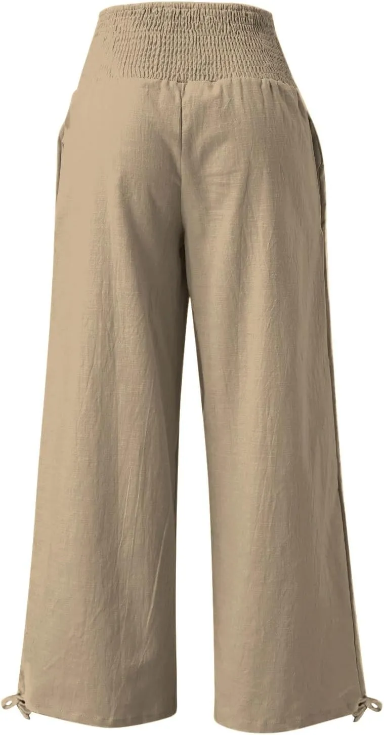 Women Linen Palazzo Summer Wide Leg High Waisted Casual Pants Beach Travel Vacation Plus Size Trousers with Pockets
