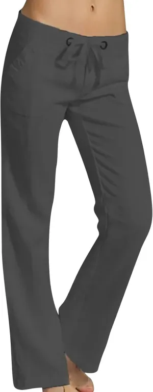 Women Linen Pants 2025 Summer Drawstring High Waisted Wide Leg Pants Lounge Beach Trousers with Pockets