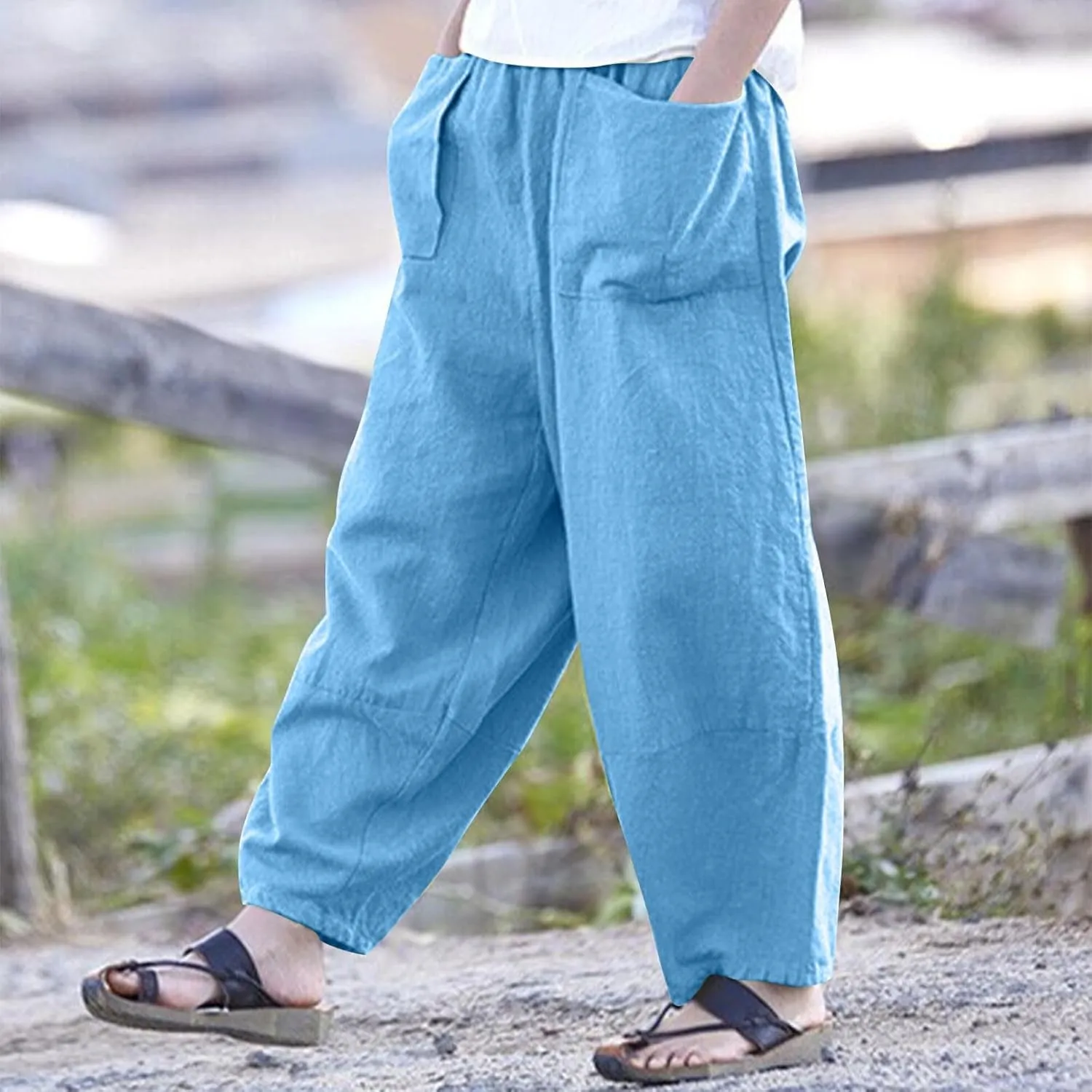 Women Linen Pants 2025 Summer Wide Leg Harem Beach Trousers Casual Loose Fit High Waist Flowy Palazzo with Pockets