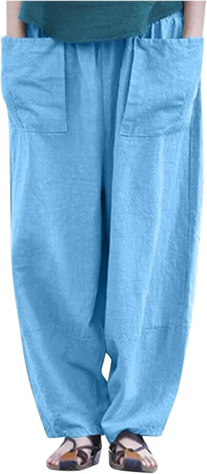 Women Linen Pants 2025 Summer Wide Leg Harem Beach Trousers Casual Loose Fit High Waist Flowy Palazzo with Pockets
