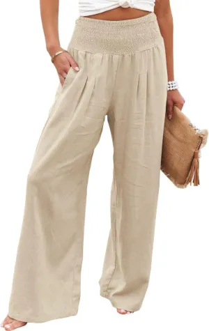 Women Linen Pants Elastic High Waist Wide Leg Palazzo Pants Summer Casual Loose Beach Pants Trousers with Pocket