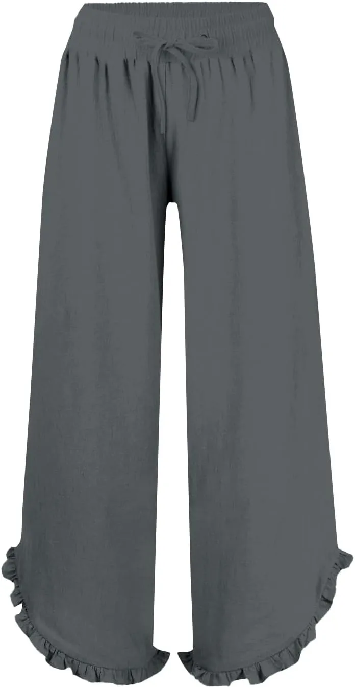 Women Linen Pants Summer Wide Leg Pants Drawstring Waist Ruffle Hem Palazzo Pant Boho Flowy Beach Pants with Pockets