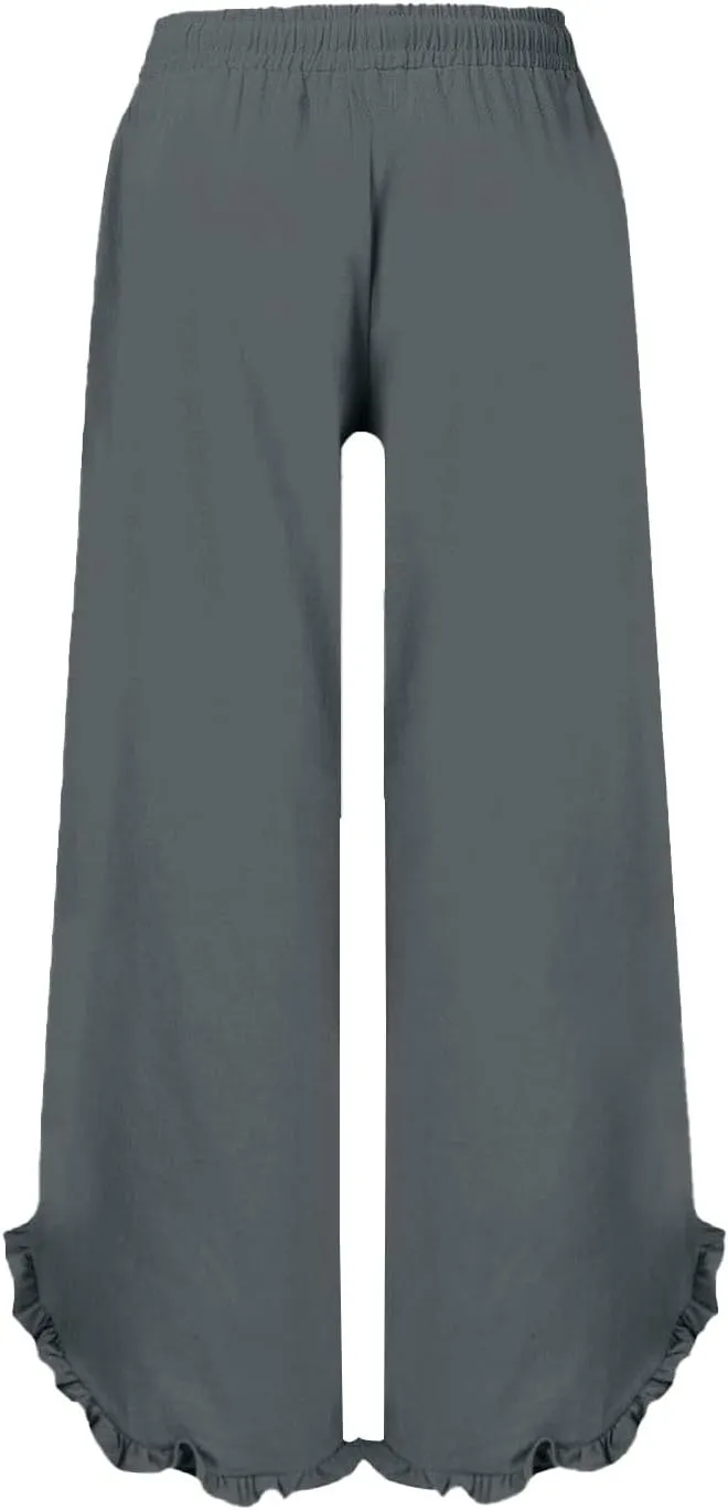Women Linen Pants Summer Wide Leg Pants Drawstring Waist Ruffle Hem Palazzo Pant Boho Flowy Beach Pants with Pockets