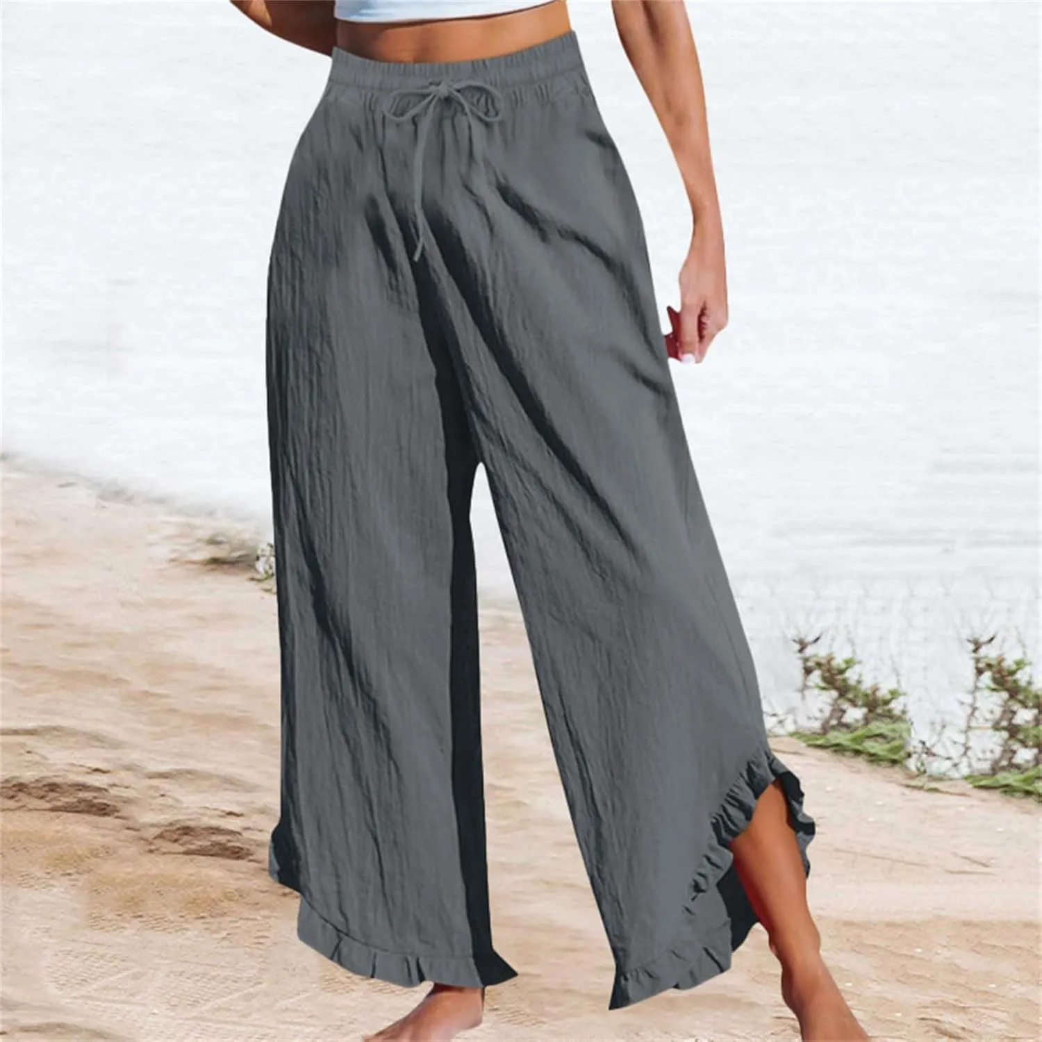 Women Linen Pants Summer Wide Leg Pants Drawstring Waist Ruffle Hem Palazzo Pant Boho Flowy Beach Pants with Pockets