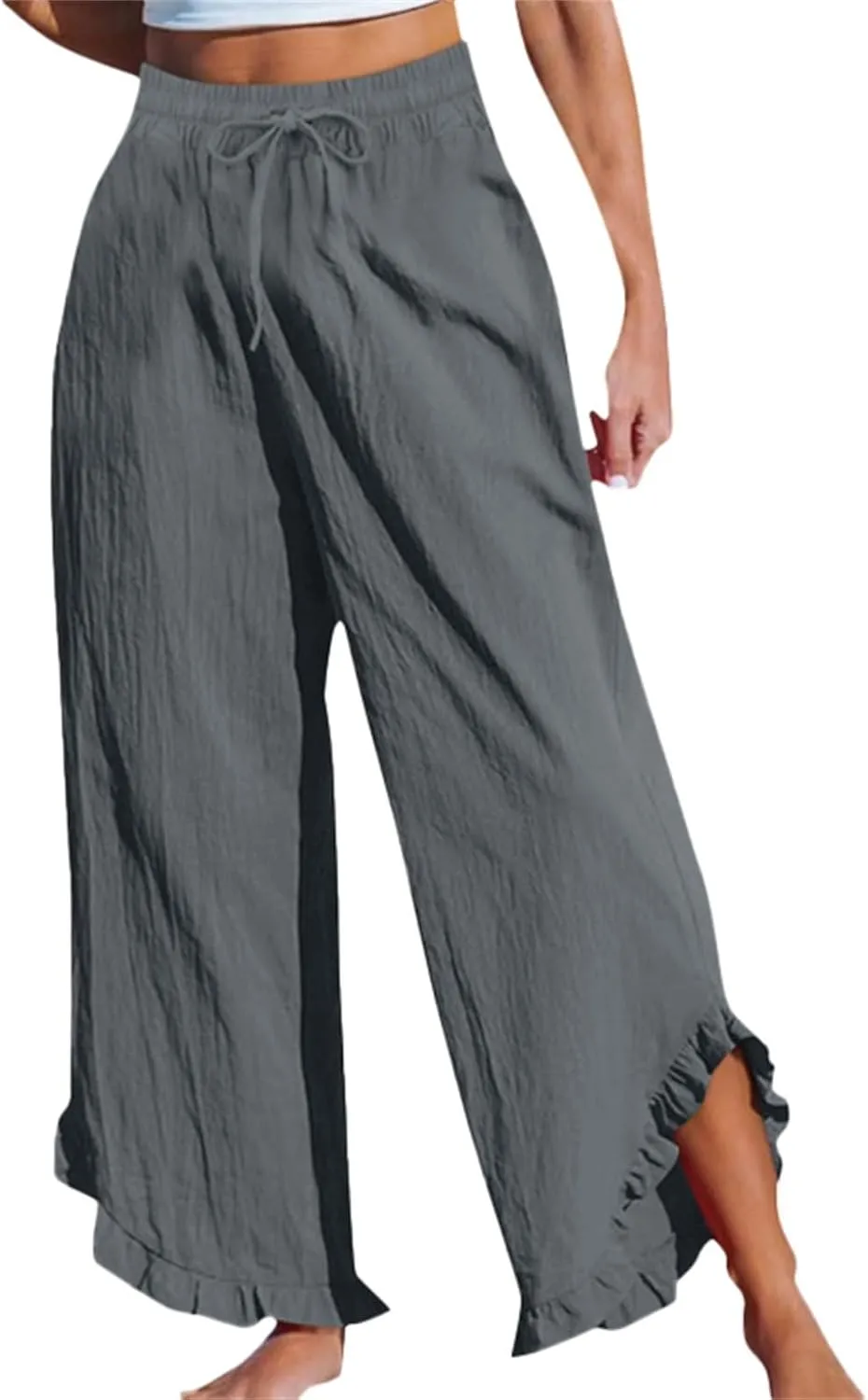 Women Linen Pants Summer Wide Leg Pants Drawstring Waist Ruffle Hem Palazzo Pant Boho Flowy Beach Pants with Pockets