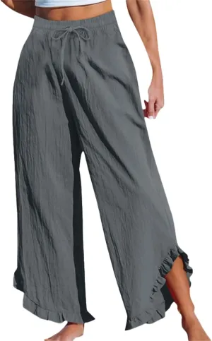 Women Linen Pants Summer Wide Leg Pants Drawstring Waist Ruffle Hem Palazzo Pant Boho Flowy Beach Pants with Pockets